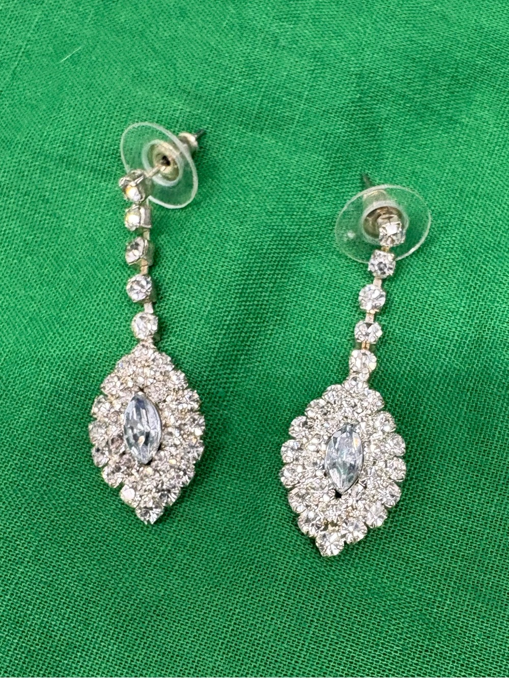Silver-Plated Clear Rhinestone Teardrop Marquise Pavé Dangle Earrings